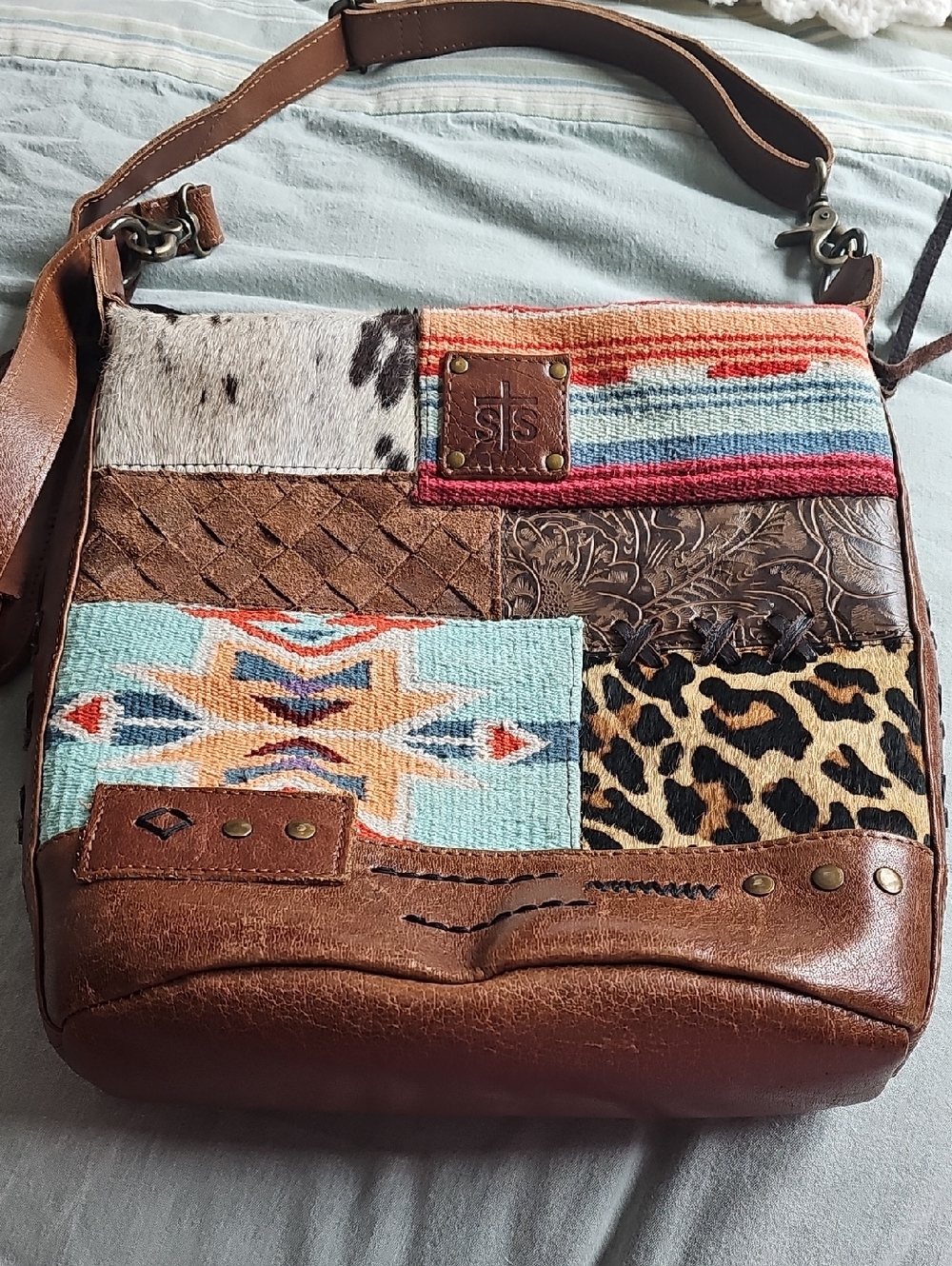 STS Brown Multi-Pattern Leather Patchwork Crossbody Bag